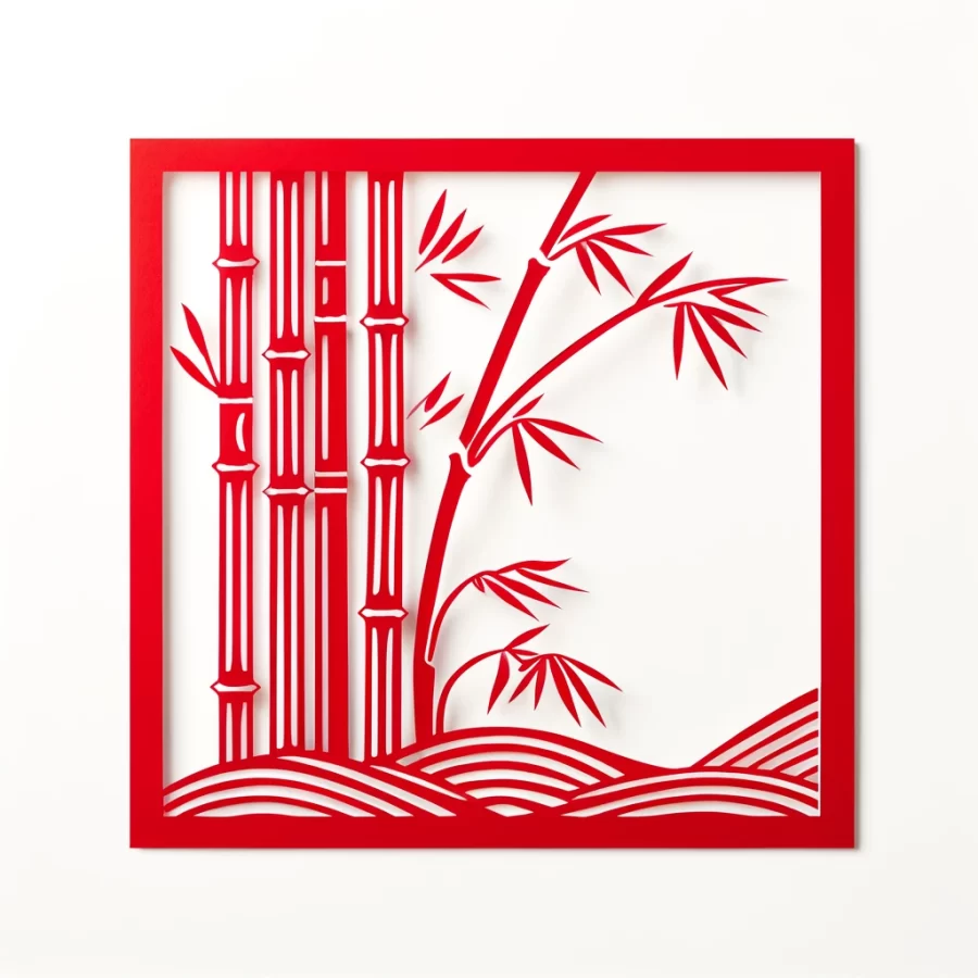 DALL·E 2024-04-11 15.30.28 - A simplified traditional Chinese paper-cut art on a white background, using red paper. The design focuses on a bamboo theme, showcasing a more minimal