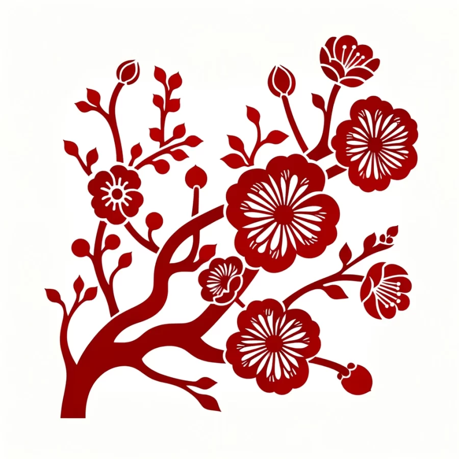DALL·E 2024-04-11 15.32.20 - A simplified traditional Chinese paper-cut art on a white background, using red paper. This design focuses on a plum blossom theme, embodying the beau